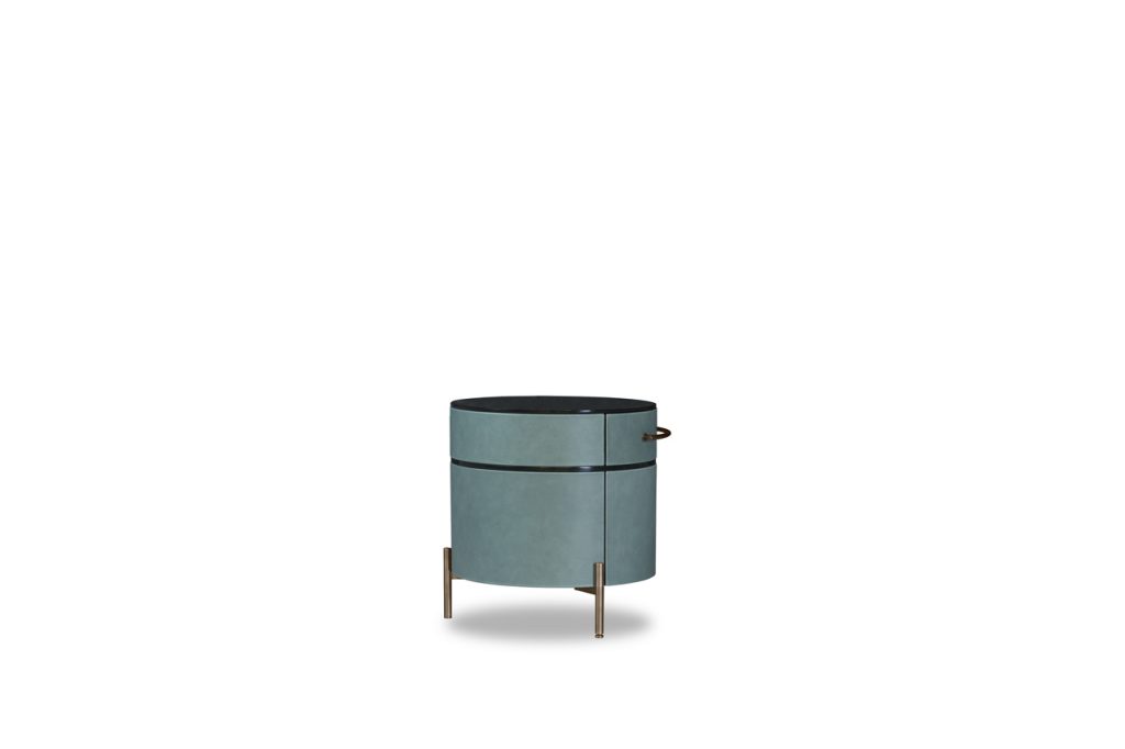 Cylinder-shaped nightstand made of glass, wood and aluminum in a green and gold brown tone