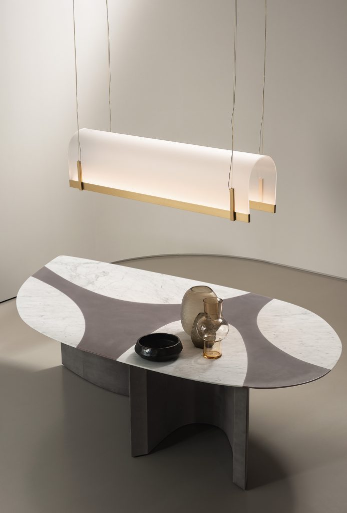 Table made of stone and marble in a white gray tone in a office