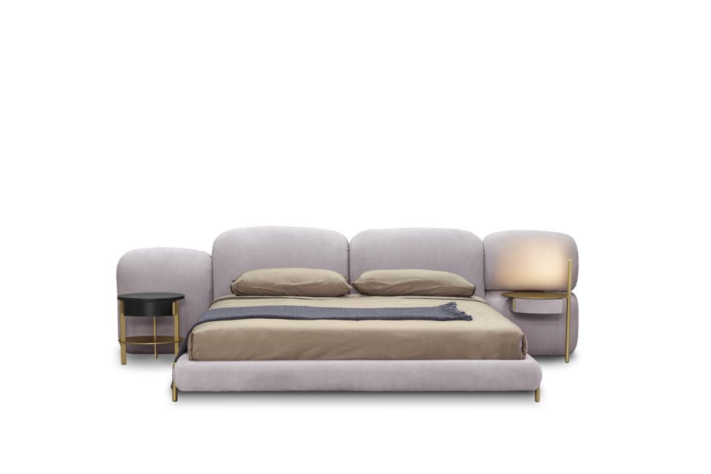 bed made of foam velvet in a white and gold color tone on a white background