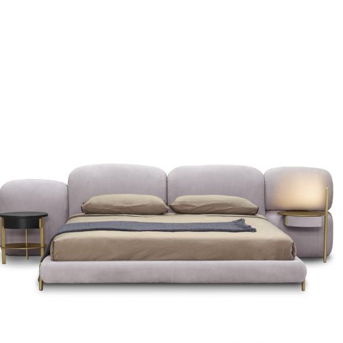 bed made of foam velvet in a white and gold color tone on a white background