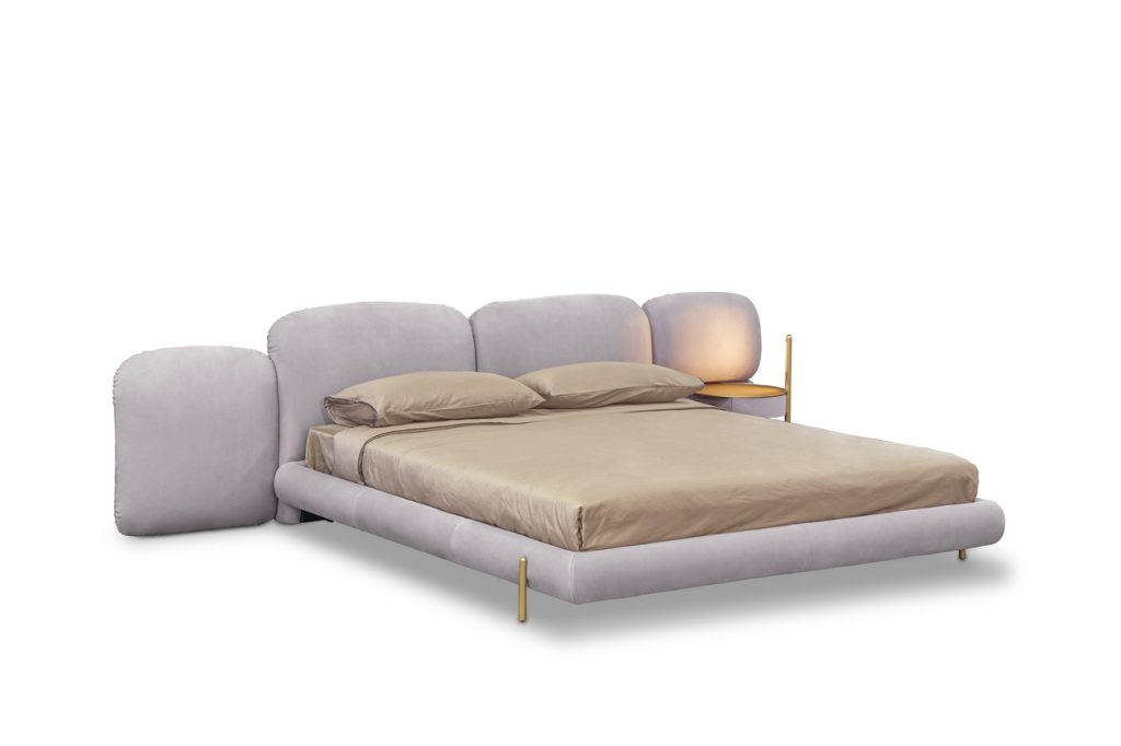 bed made of foam velvet in a white and gold color tone on a white background
