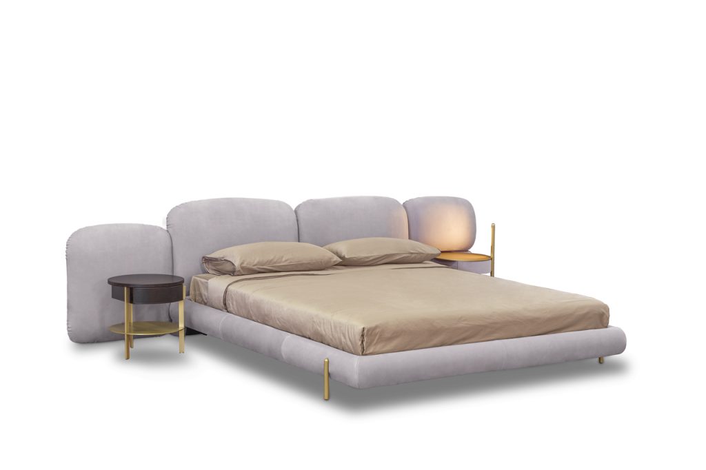 bed made of foam velvet in a white and gold color tone on a white background