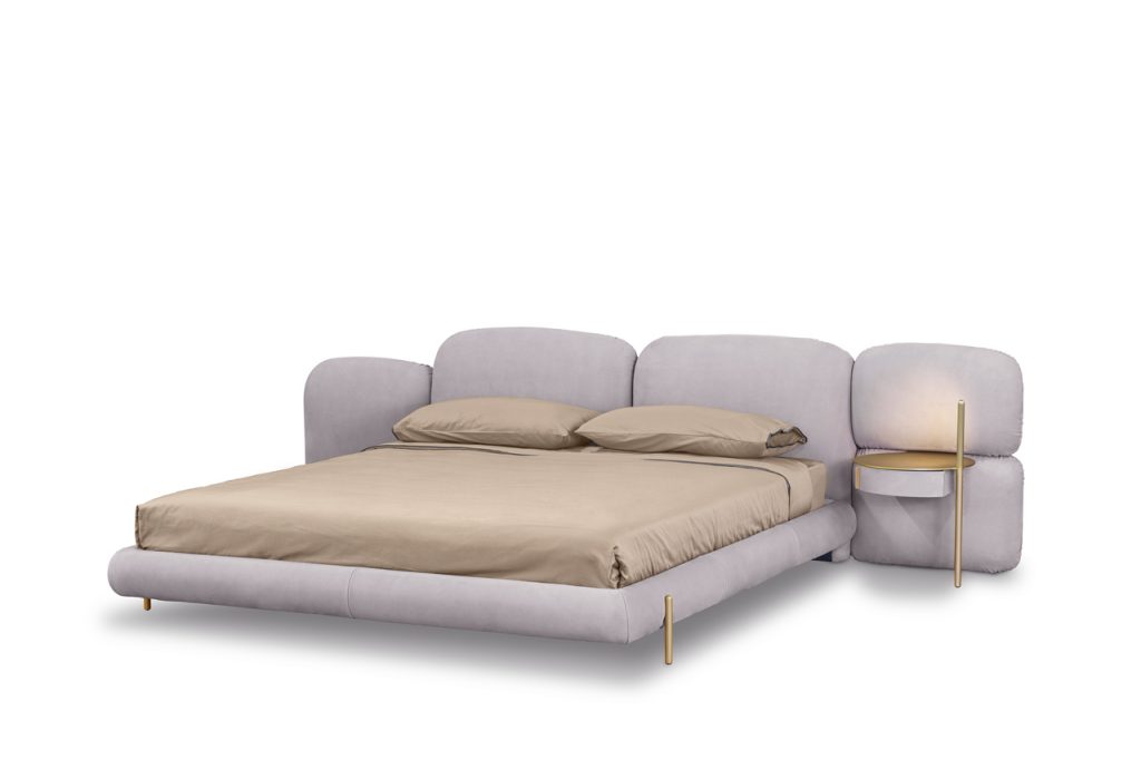 bed made of foam velvet in a white and gold color tone on a white background