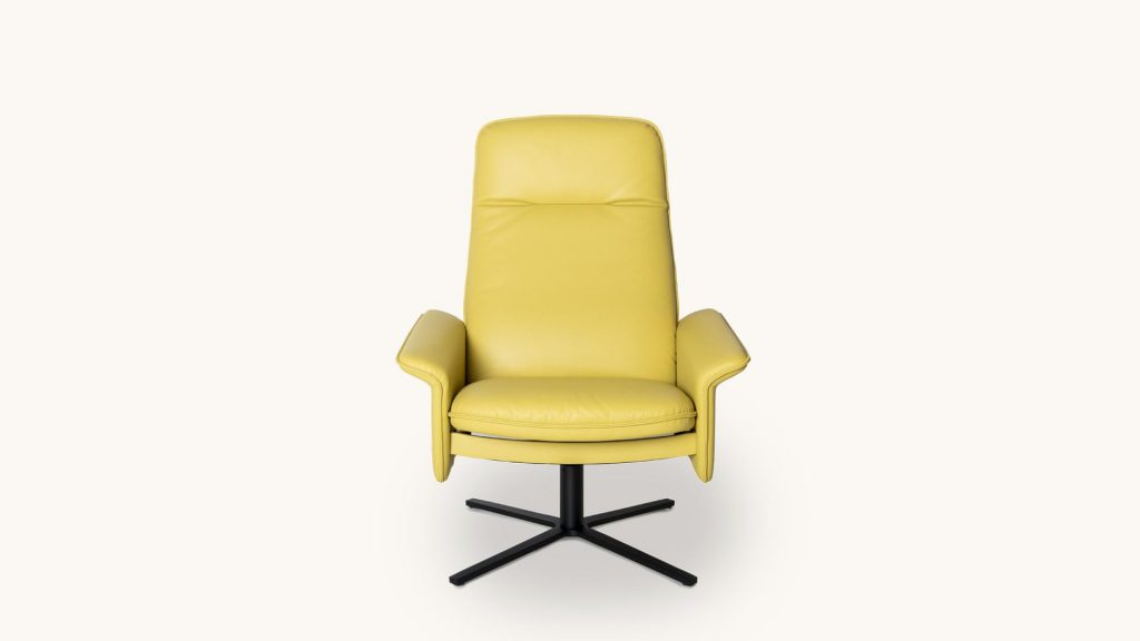 high-back desk chair covered in leather in a yellow tone on a white background