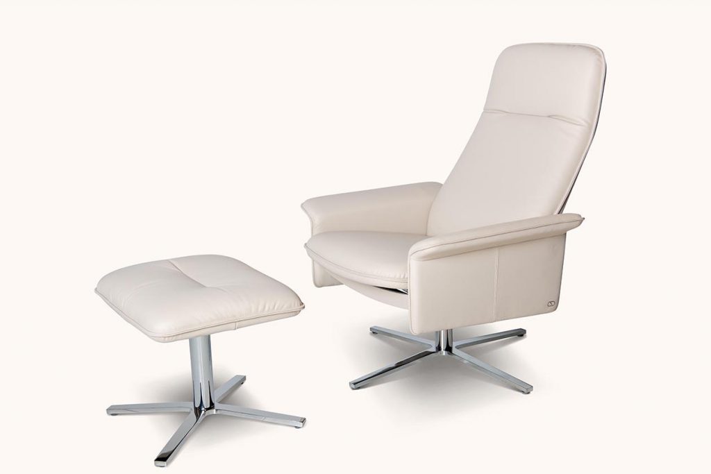 A stool and a desk chair with an aluminum base and upholstered in white leather on a white background