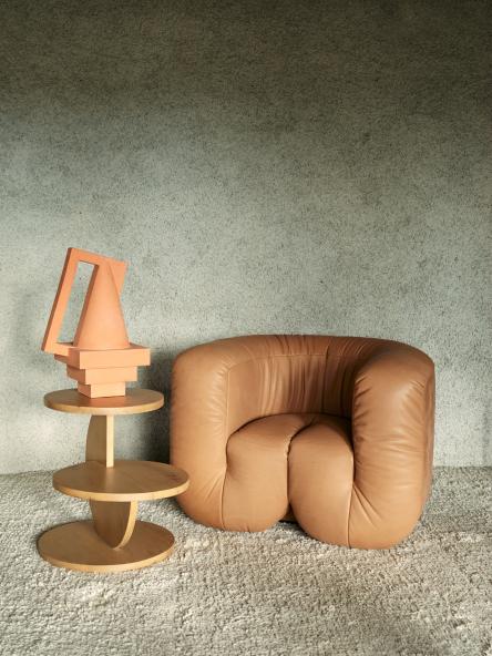 armchair with a particular design made of brown leather in a living room