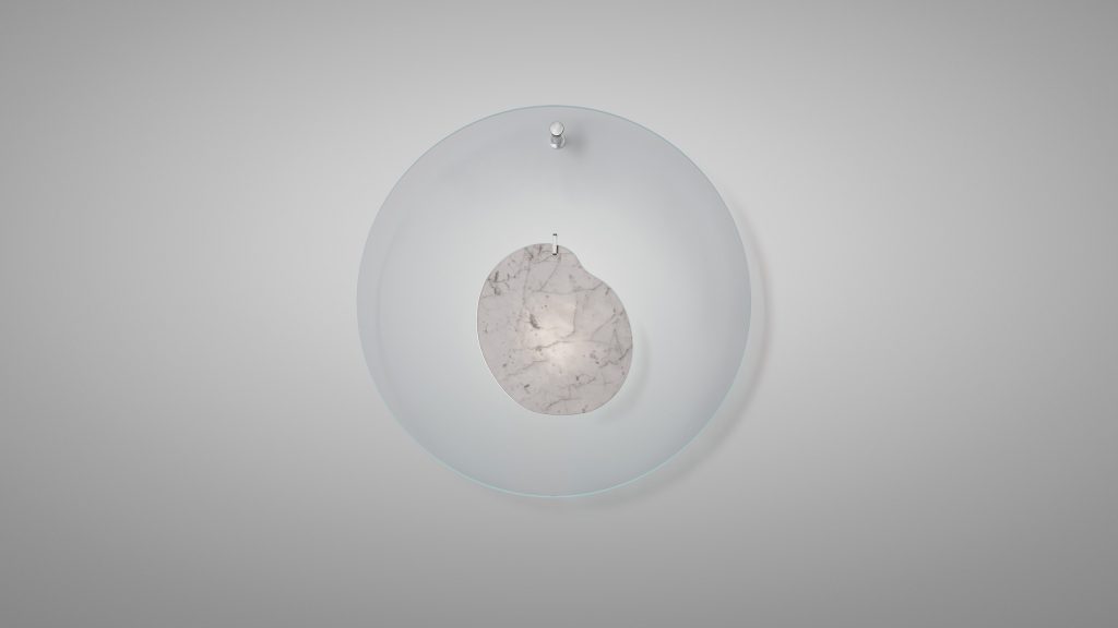 ceiling lamp made of marble and transparent disc in a ligth blue and gray tone on a white background