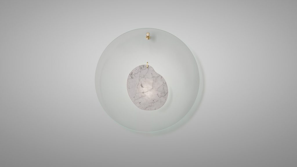 ceiling lamp made of marble and transparent disc in a ligth green and gray tone on a white background