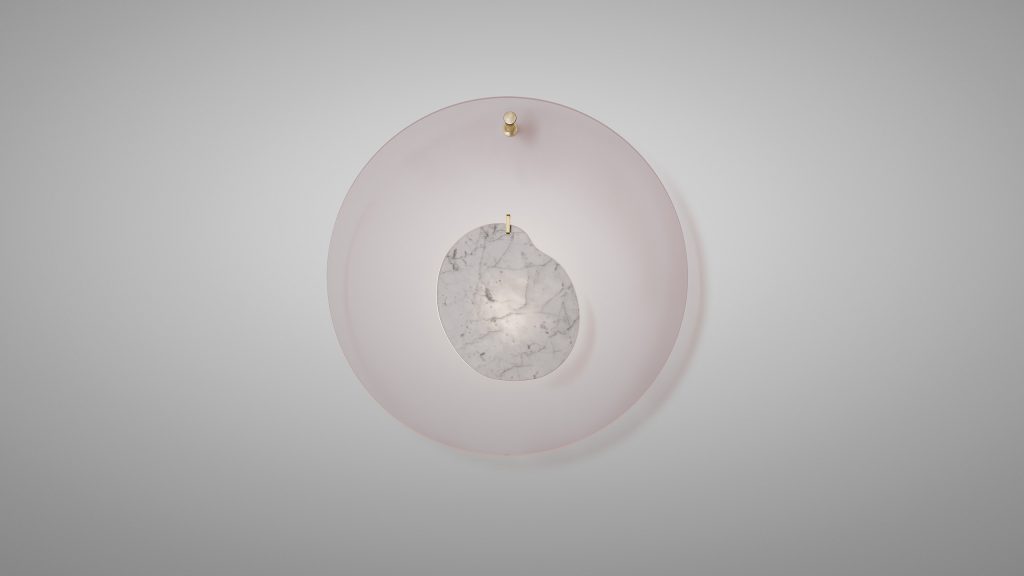 ceiling lamp made of marble and transparent disc in a pink and gray tone on a white background