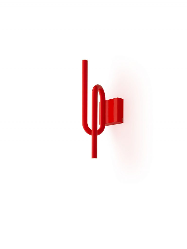 wall lamp emits symmetrical light in a red tone on a white background