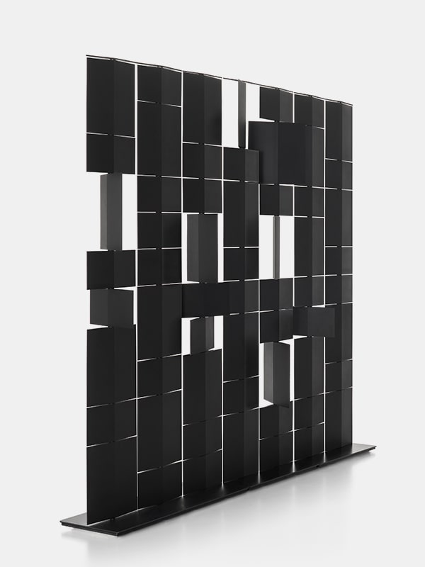 room divider that is made up of several glass panels made in a black color tone on a white background