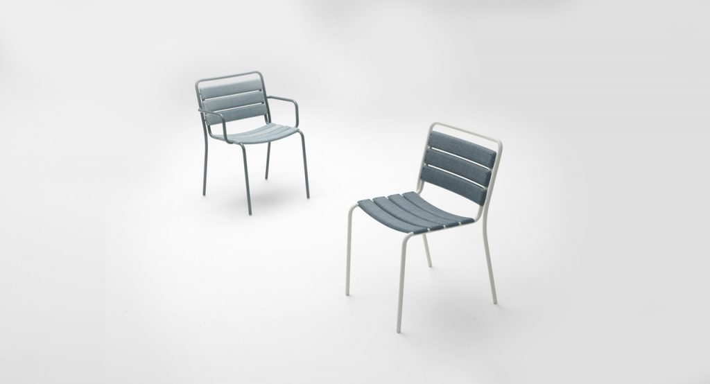two stools made in different sizes and designs in white steel and strips of 