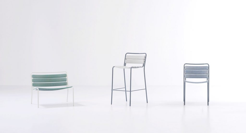 three stools made with a stainless steel base in a blue-white tone and light blue fabric on the 