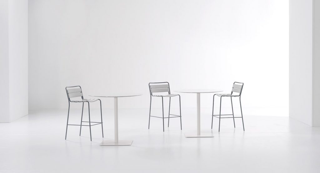 Three stainless steel base stools and headband fabric strips in a white tone on a white background.