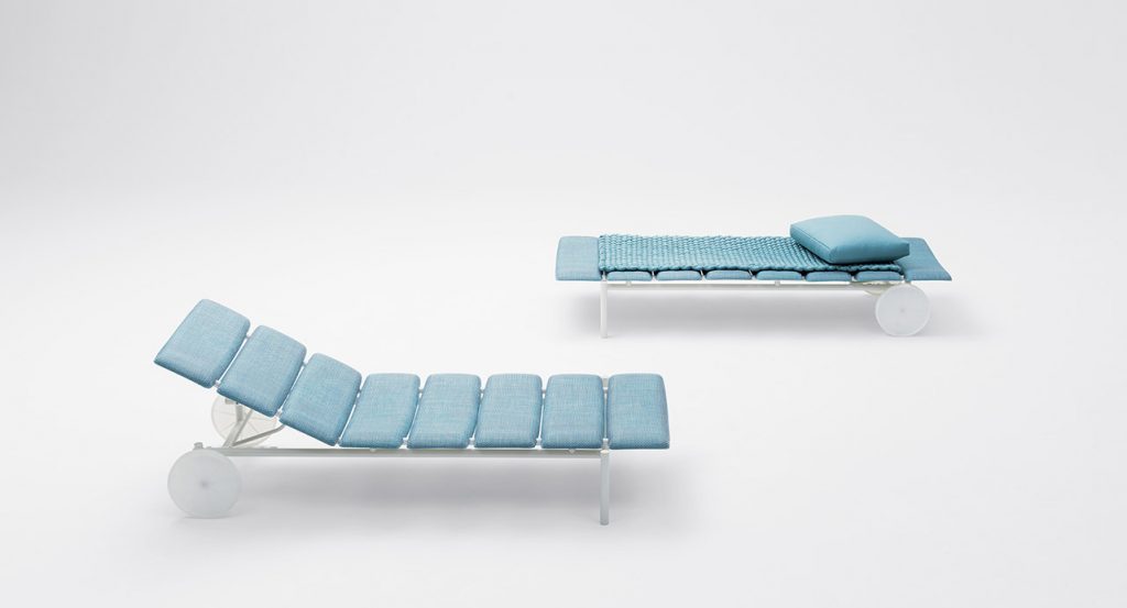 two lounger with adjustable backrest made of stainless steel in diade fabric in a light blue tone on a white background