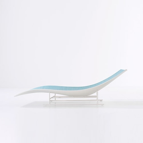 Pool chair made of stainless steel and maris dyed in a white and light blue tone with plastic spacers