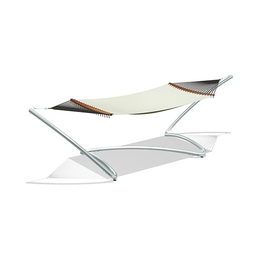 hammock made from wooden bars and woven in fabric in a tone of white with orange and gray on a white background