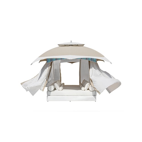 luxury oasis made on an aluminum base with cushions and curtains made on a fabric base of a white tone on a white background