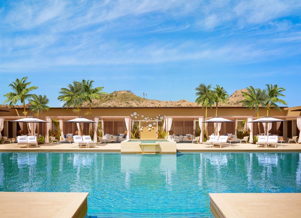 six small open-air living room made of wood and metal planks in a white tone on a pool background