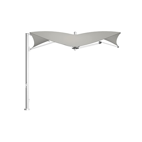 parasol with polished titanium frame on the side and fabric on the top in a white and gray tone on a white background
