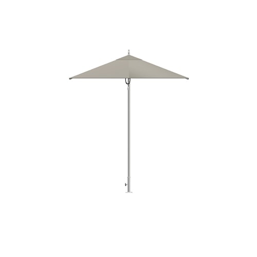 Two umbrellas with polished titanium structure in the middle and fabric on the top in white tone on a white background