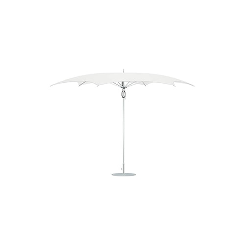 geometric shaped umbrella made of metal and fabric in a white tone on a white background