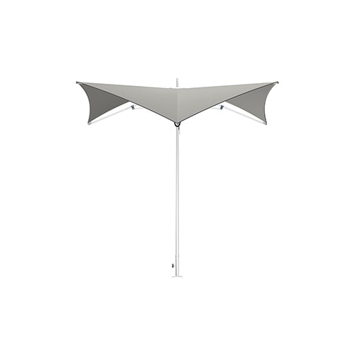parasol with polished titanium structure in the middle and fabric on the top in white and gray tone on a white background