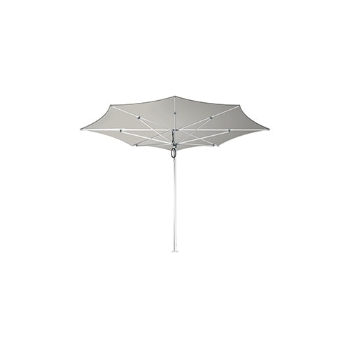 asymmetrical umbrella made of metal and fabric in a white tone on a white background