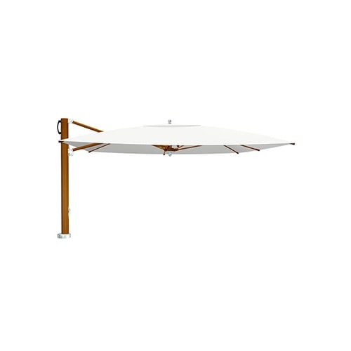 pool umbrella made of fabric and wooden base with maztiles in a brown tone and white fabric in a white background