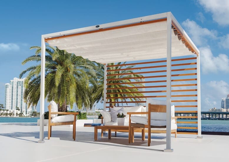 luxurious open-air living room made of wood and metal planks in a white and brown color tone on a pool background