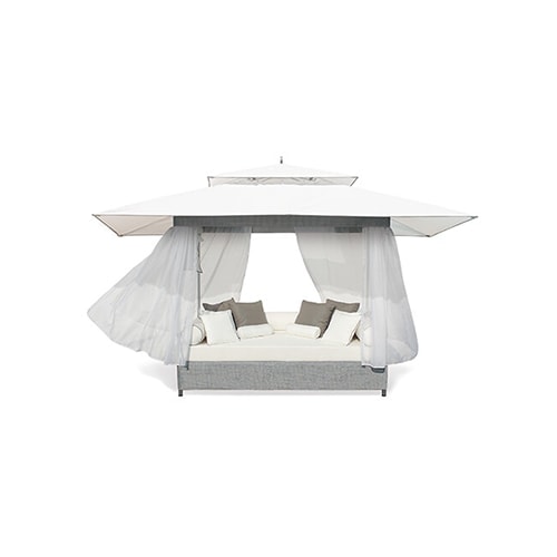 oasis bed made of Armor-Wall® aluminum base upholstered in high-performance fabric in a white color tone on a white background