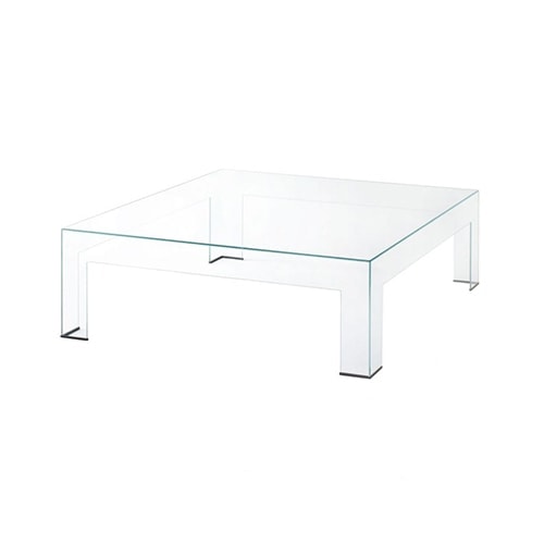 low table composed of transparent tempered glass plates on a white background