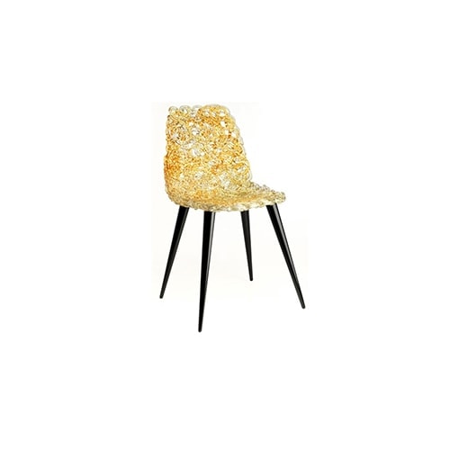 seat made of polycarbonate threads of a yellow tone on black wooden legs on a white background