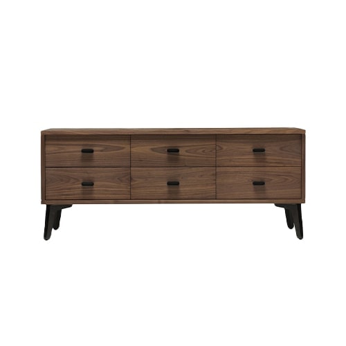 low chest of drawers made of solid American walnut base in a black finish on a white background