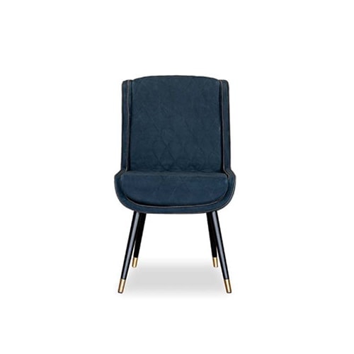 chair made with a base of lacquered wooden legs covered in leather in a dark blue tone on a white background