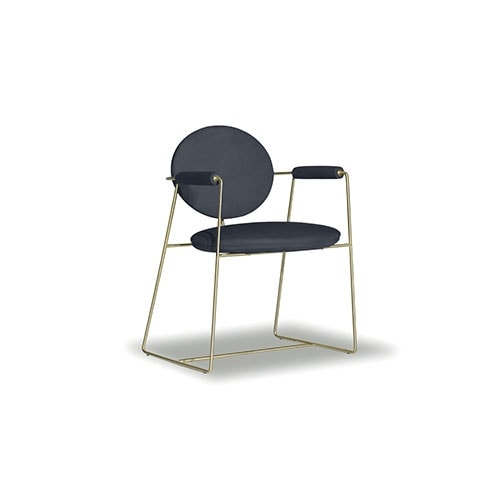 dining chair made of gray leather on metal structure finished in satin brass on a white background