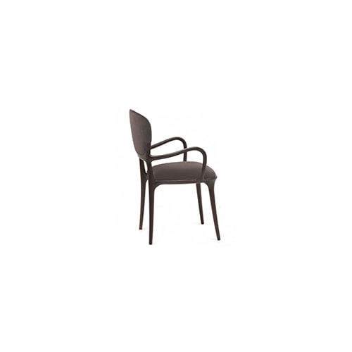 Armchair made of solid mocha-stained American walnut wood. Seat and back upholstered in gray belsuede fabric.