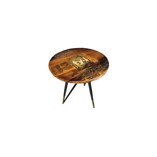 round side table made of silk-screened wood with the top finished in resin on a white background