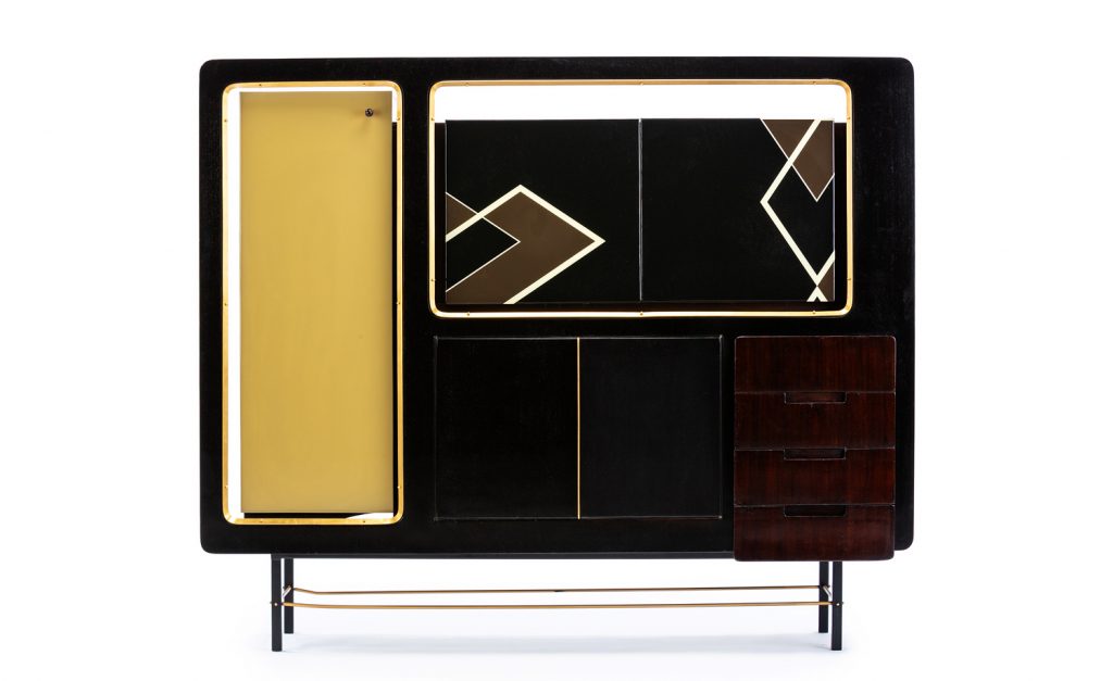 Italian cabinet made of resin and brass base with geometric figures in a brown, black and yellow tone