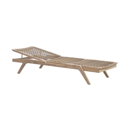 Outdoor wooden sun lounger equipped with a gray fabric cushion on a white background