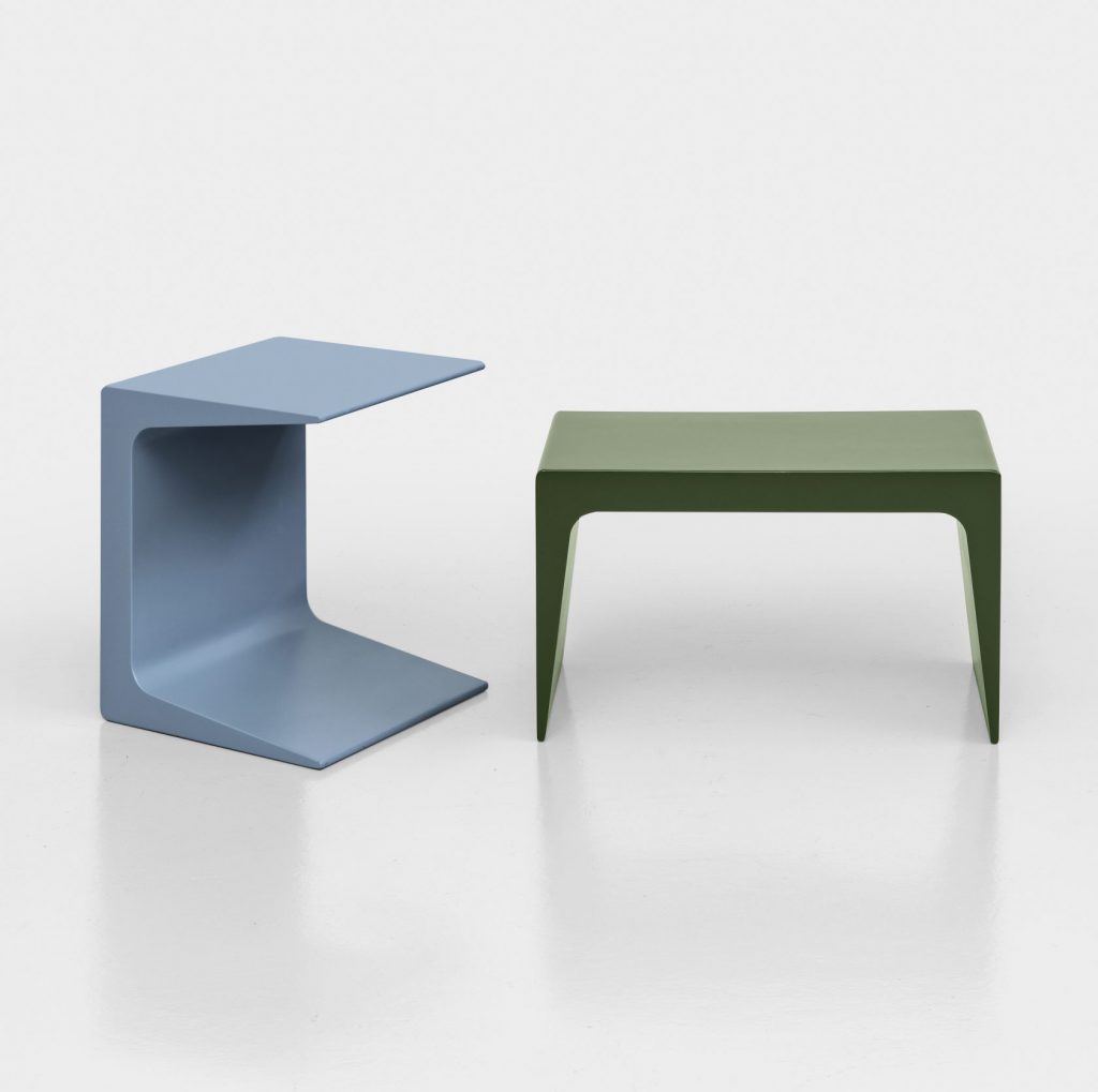 two C-shaped coffee table made of lacquered wood base in a tone of blue and green
