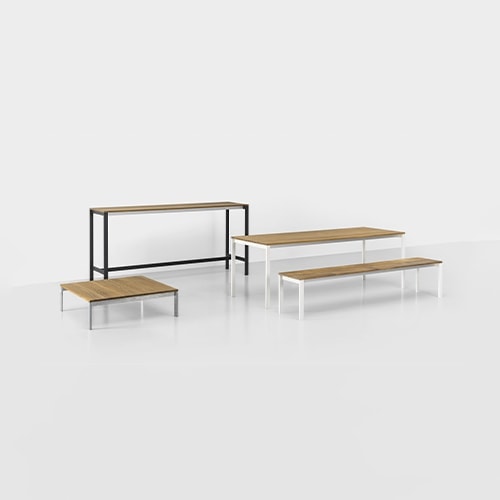 set of tables, benches and outdoor tables made of chrome steel and teak wood in different colors