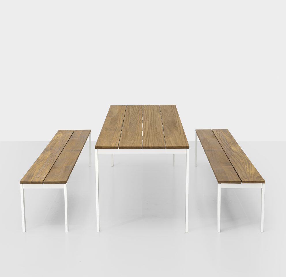 set of table and two stools made with a chrome-plated steel base and teak wood in a white and brown color tone