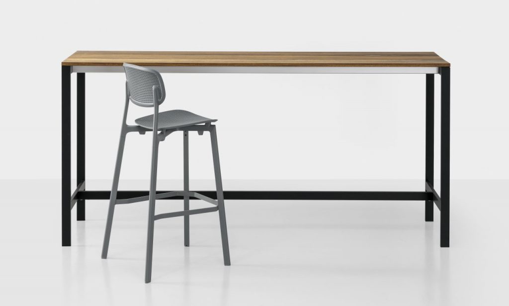 table made of black steel base and teak wood top in a brown tone on a white background