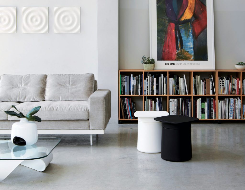 two tables made of polypropylene base in black and white tones on a room