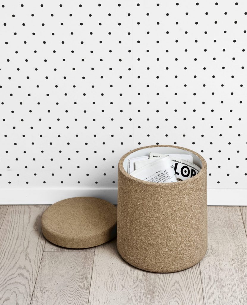 nightstand made with internal drawer in cork base in cylindrical shape in a beige tone