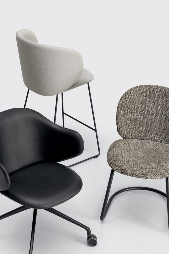 three chairs made of aluminum and fabric in a white-black and beige tone on a white background