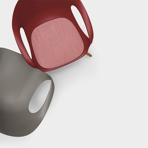 two chairs made of wooden legs and polyurethane in an gray and red tone on a white background