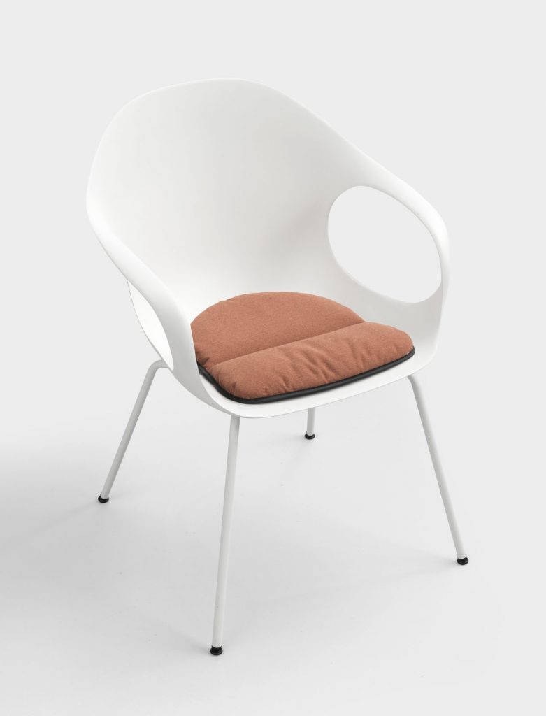 chair with fabric cushion implemented in its structure made of polyurethane in a white and salmon color tone