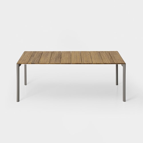 rectangle-shaped table made of wooden planks and steel legs in a brown tone on a white background